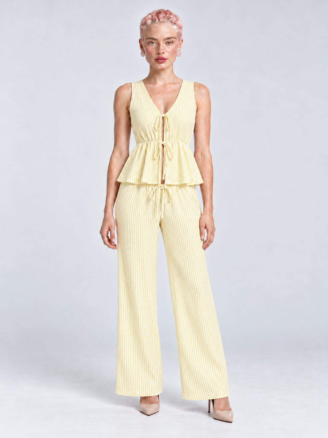 Conjunto Amalfi a rayas amarillo, conjunto de dos piezas, vista frontal