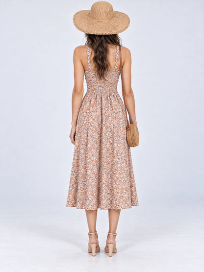 Vestido floral Elara con estampado floral, vista posterior de cuerpo completo